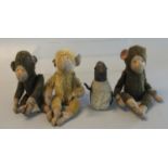 Group of mid century Steif type miniature animals including three monkeys, and a penguin. (4) (B.