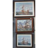 J Harvey (contemporary British), three studies of the Men o' War in battle, watercolours and