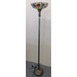 Art deco design bronzed metal standard up lighter lamp with lead glass Tiffany style shade. (B.P.