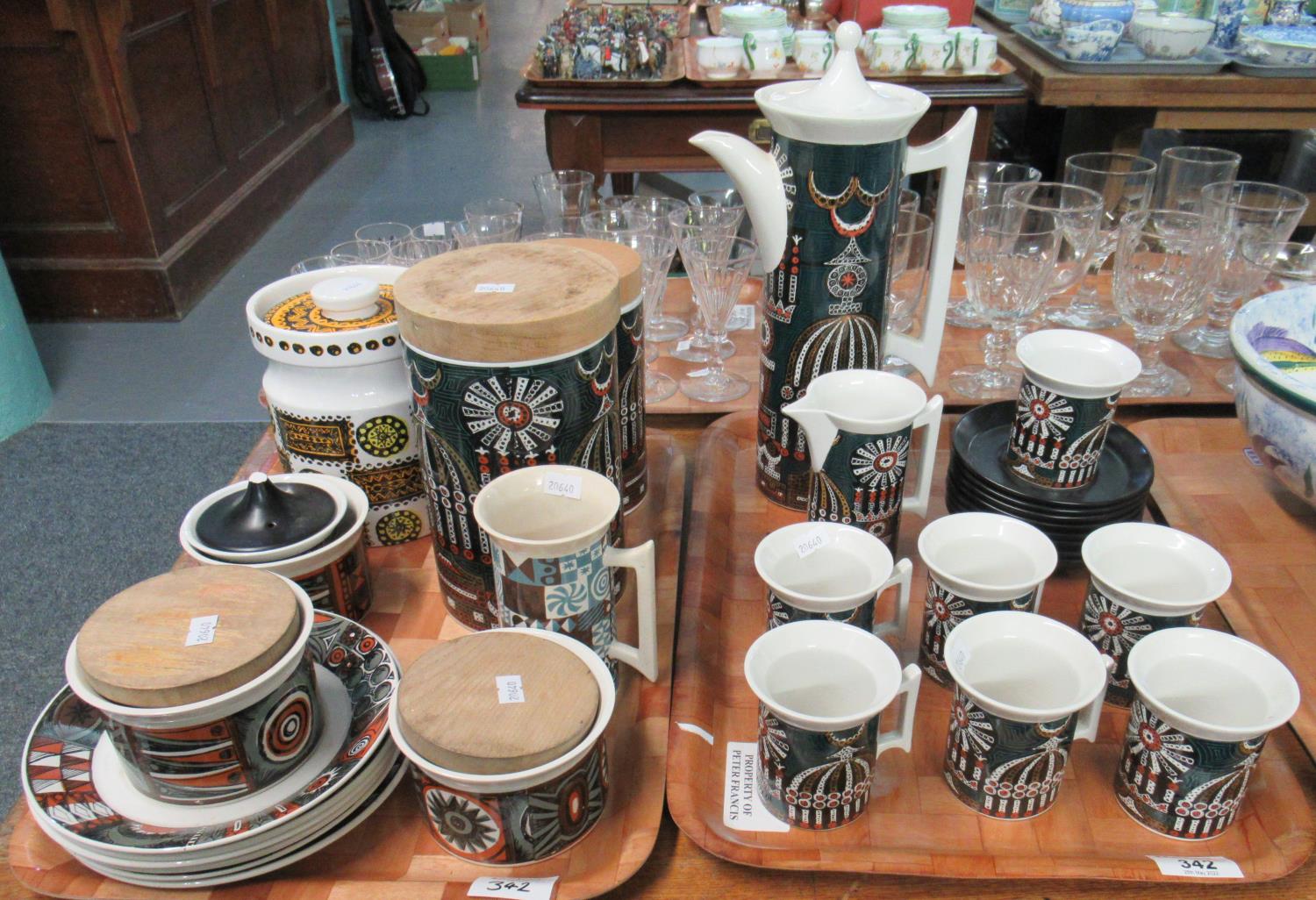 Two trays of Portmeirion pottery: 'Magic City' coffee set