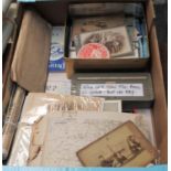 Box of assorted ephemera, photographs, books on Swansea, tin of coins, maps, advertising ephemera
