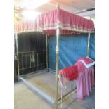 Modern brass four poster bed (frame only) with velvet drapes and other linen. 140cm wide approx. (