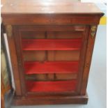 Victorian walnut single door pier cabinet with inlaid decoration and metal mounts (lacks glass).