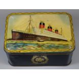 Small enamelled metal biscuit tin with printed image of RMS Queen Mary, possibly from her maiden