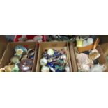 Three boxes of assorted ceramics etc. to include Victorian majolica ware cheese dish and cover,