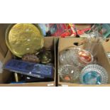 Two boxes of assorted items, one of moulded and cut glass to include: large vase, cake stand, fluted