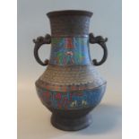 Probably Japanese champlevé enamel banded bronze vase with overall Grecian key decoration and Taotie