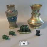 Two probably Korean champlevé enamel banded yellow metal vases, together with a group of green