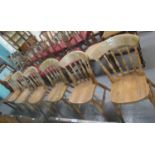 Set of six 19th century design beech spindle back kitchen chairs with solid seats and ring turned