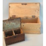 Small rustic pine tea caddy with two compartments to the interior, together with a larger 19th