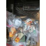 Box of toys to include: small collection of glass marbles, plastic animal/farmyard set, plastic