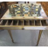 Reproduction gilt wood games table with printed playing surface. 52 x 52cm approx. (B.P. 21% + VAT)