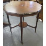 Edwardian inlaid mahogany centre table on square tapering legs with brass castors. 68cm diameter