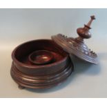 19th century treen moulded mahogany circular bowl and cover with baluster finial, removable to