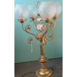 Modern gilded four branch candelabrum design table lamp with etched glass shades. 85cm high