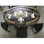 Modern Chinese style oval lacquered figure decorated coffee or centre table having a group of six