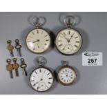 Collection of assorted silver pocket watches to include three larger keyless lever type, and a small