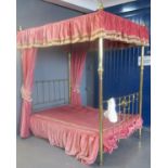 Modern brass four poster bed with velvet drapes and covers. 140cm wide approx. (B.P. 21% + VAT)