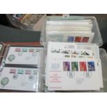 Great Britain collection of stamp First Day Covers in two plastic boxes and Post Office Album 1960's