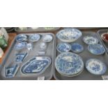 Two trays of blue and white Spode to include Union Wreath pattern miniature plates, fruit and flower