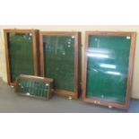 Group of three pine flat glazed display cases, together with another compartmentalised for the