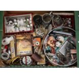 Box of assorted costume jewellery, brooches, coins, cigarette lighters, thimbles, etc. (B.P. 21% +
