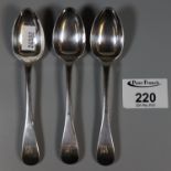 A set of three silver teaspoons each engraved to the handle, ?MJ? Approx weight 2.3oz. (B.P. 21% +