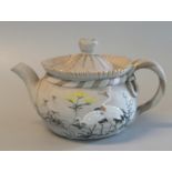 Small Japanese pottery baluster-shaped loop handle teapot painted with cranes amongst foliage,