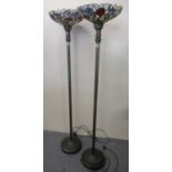 Pair of art deco design bronzed metal standard up lighter lamps with lead glass Tiffany style