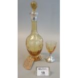 Early 20th Century cut and engraved amber glass liqueur bottle with continental silver mount and