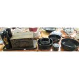 Two trays of black, gilt decorated, Japanese style items to include two cylinder vases marked Golder