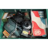 Box of photographic equipment to include: Argus 200 slide projector, slides of fish , landscapes,
