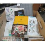 A Wold selection of stamps in large box, many 100's on pages, cards, in packets covers etc.