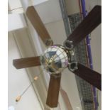 Modern brass wood and leaded glass ceiling light fan. (B.P. 21% + VAT)