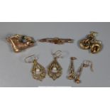 Quantity of scrap gold items, charm with mice on old boot, pearl set earrings. 18g approx total. (