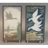 Pair of Delft stoneware glazed tiles or panels relief decorated with geese and ducks in flight. 22 x