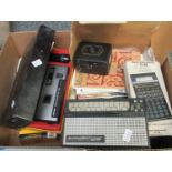 Box of assorted items to include a Zeiss Ikon Goerz Frontar baby box miniature camera, a stylophone,