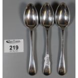 Three silver teaspoons, each engraved to the handle, ?MJ?. Approx weight 2.3oz (B.P. 21% + VAT)