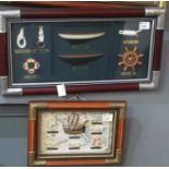 Three small collage type pictures of a marine nature, depicting knots, rope work, hulls and boats.