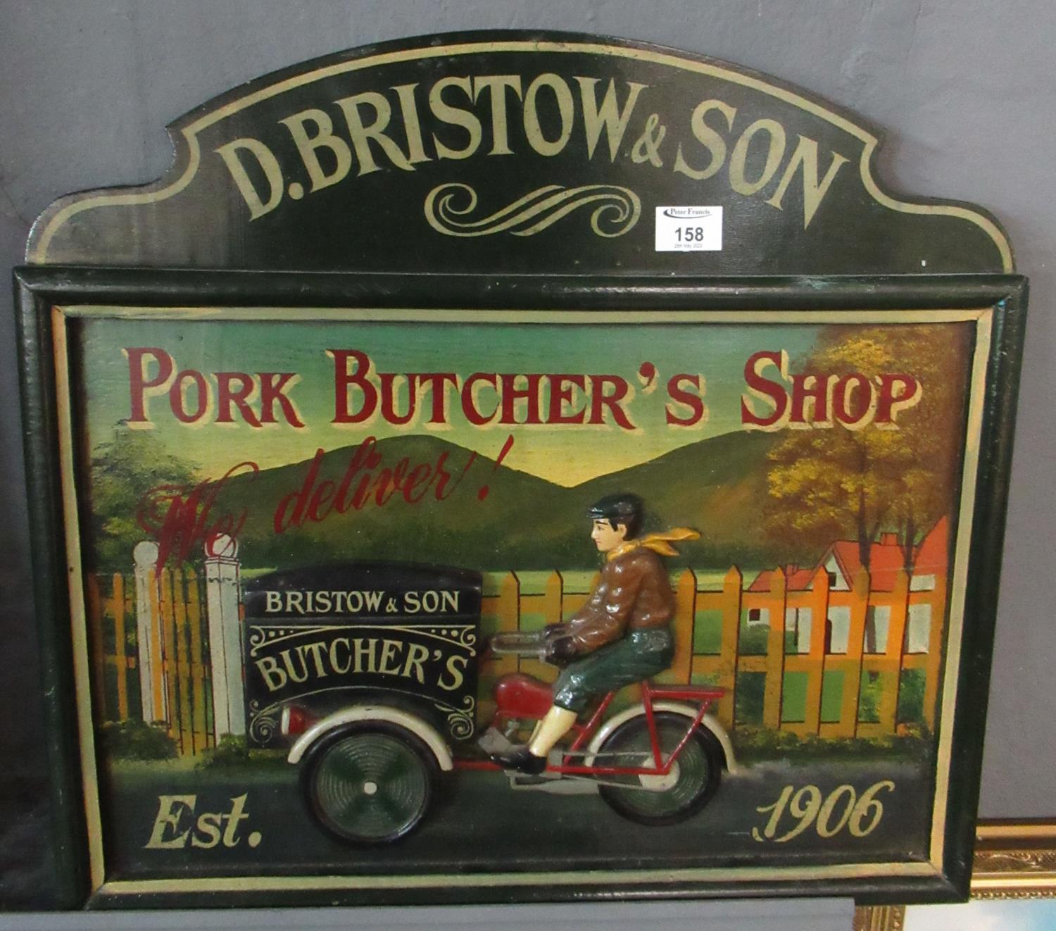 Reproduction shop advertising sign 'D Bristow & Son, Pork Butcher's Shop. We Deliver! Established