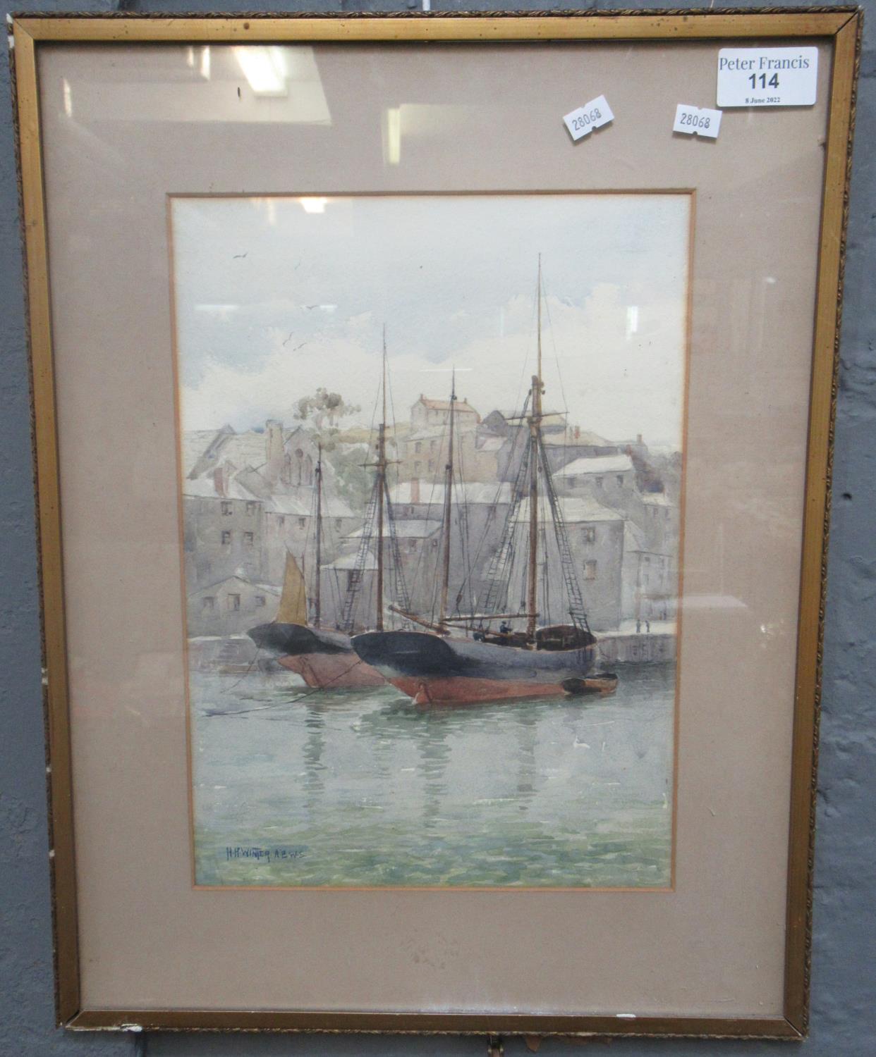 AEWS (early 20th century British), harbour scene with fishing boats, signed, watercolours. 35 x 25cm