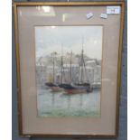 AEWS (early 20th century British), harbour scene with fishing boats, signed, watercolours. 35 x 25cm