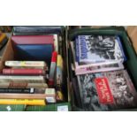 Two boxes of hard back books, war books, train books, etc. to include 'English and American Steam