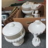 Box containing 2 large pedestal tazzers in white with gilt decoration, Italian shell-shaped dish