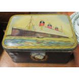 Small enamelled metal biscuit tin with printed image of RMS Queen Mary, possibly from her maiden