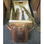 Box of vintage gardening equipment including: beaten copper watering can, 4 brass spray pumps with