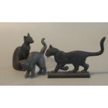 Patinated bronze Egyptian seated cat, together with an arch back cat and another metal 2D study of a