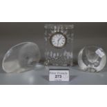 Waterford Crystal glass desk/mantle clock together with 2 Swedish glass paperweights in the form