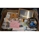Box of oddments to include framed Cutty Sark made from watch parts, Irish whisky water jug, money