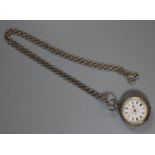 A Silver fob watch engraved with flowers and foliage with pink and white enamel dial and black Roman